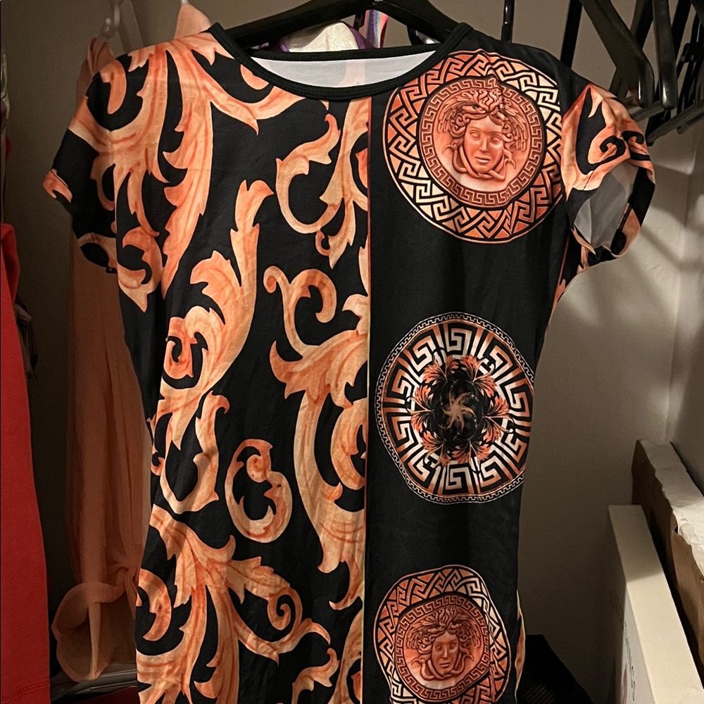 Versace Inspired Black and Orange Women's Dress